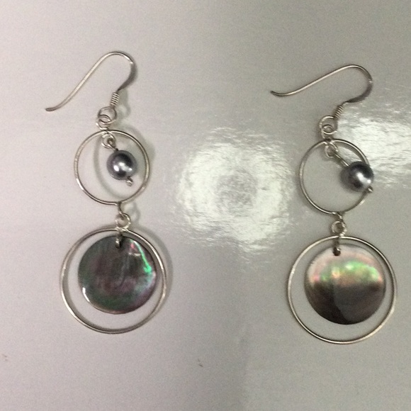 Two Ring Tiered Drop Earrings with Silver Bead and Iridescent Disc - Picture 2 of 3